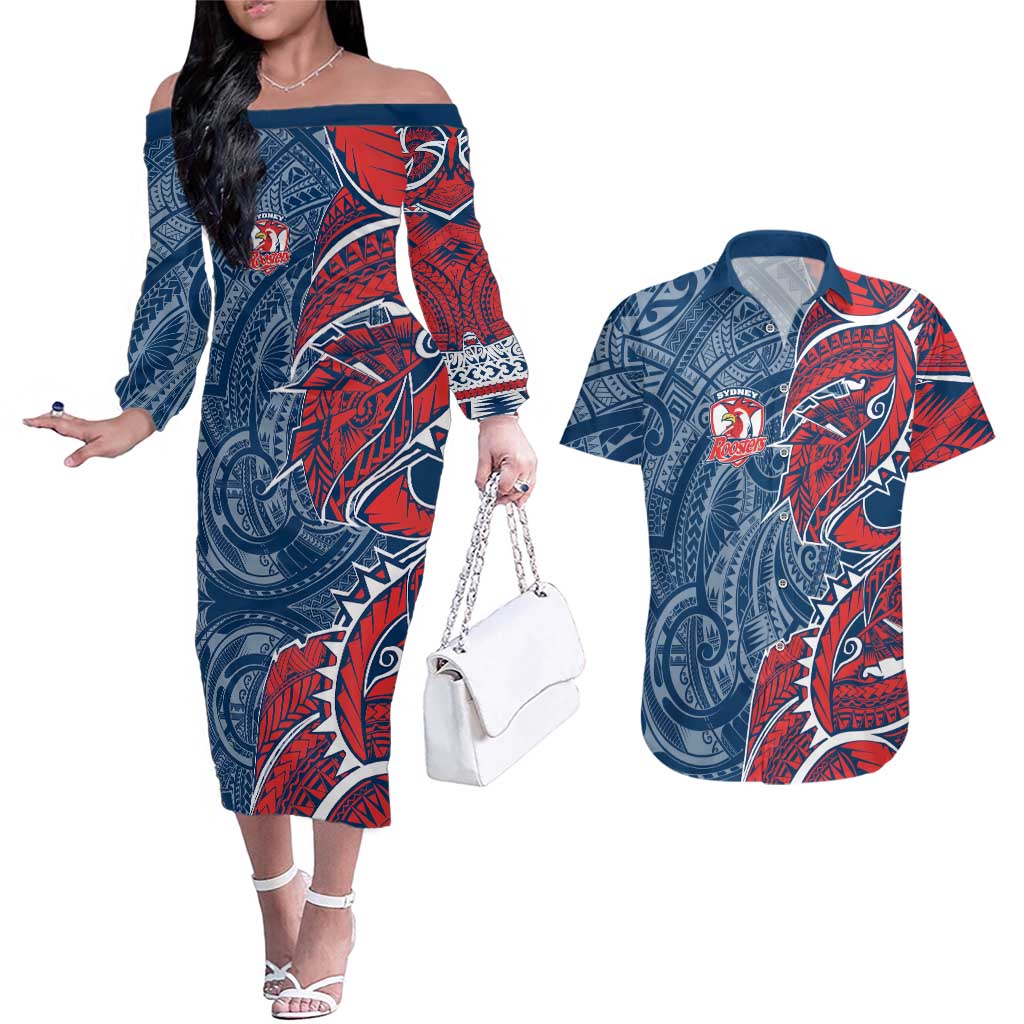 Sydney Roosters Couples Matching Off The Shoulder Long Sleeve Dress and Hawaiian Shirt Polynesian Tribal Tattoo Pacific Sport Art