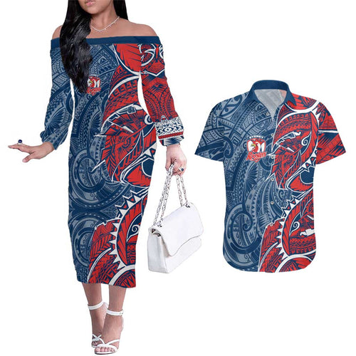 Sydney Roosters Couples Matching Off The Shoulder Long Sleeve Dress and Hawaiian Shirt Polynesian Tribal Tattoo Pacific Sport Art