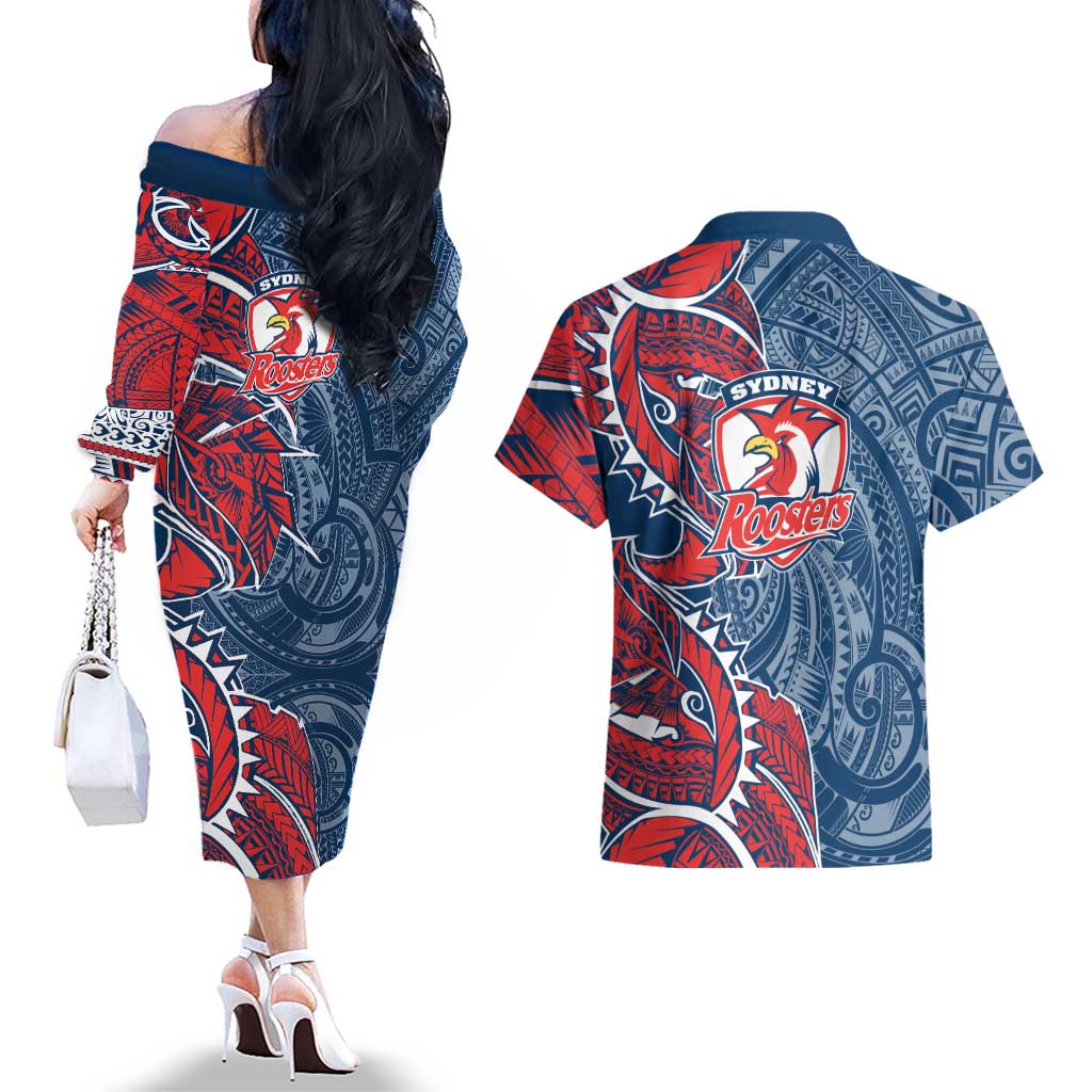 Sydney Roosters Couples Matching Off The Shoulder Long Sleeve Dress and Hawaiian Shirt Polynesian Tribal Tattoo Pacific Sport Art