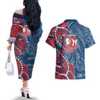 Sydney Roosters Couples Matching Off The Shoulder Long Sleeve Dress and Hawaiian Shirt Polynesian Tribal Tattoo Pacific Sport Art