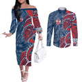 Sydney Roosters Couples Matching Off The Shoulder Long Sleeve Dress and Long Sleeve Button Shirt Polynesian Tribal Tattoo Pacific Sport Art