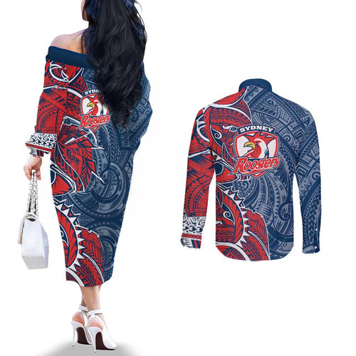 Sydney Roosters Couples Matching Off The Shoulder Long Sleeve Dress and Long Sleeve Button Shirt Polynesian Tribal Tattoo Pacific Sport Art