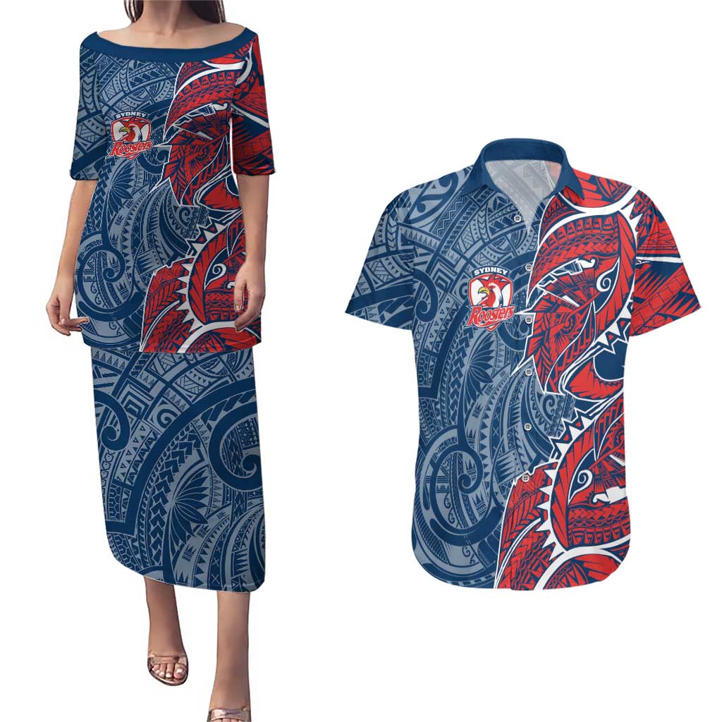 Sydney Roosters Couples Matching Puletasi and Hawaiian Shirt Polynesian Tribal Tattoo Pacific Sport Art