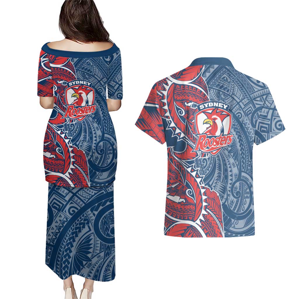 Sydney Roosters Couples Matching Puletasi and Hawaiian Shirt Polynesian Tribal Tattoo Pacific Sport Art