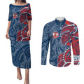 Sydney Roosters Couples Matching Puletasi and Long Sleeve Button Shirt Polynesian Tribal Tattoo Pacific Sport Art