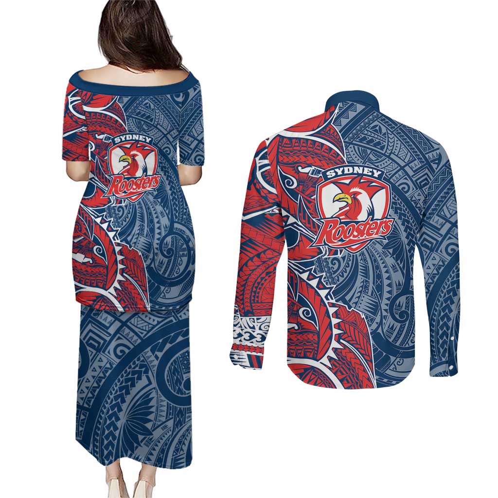 Sydney Roosters Couples Matching Puletasi and Long Sleeve Button Shirt Polynesian Tribal Tattoo Pacific Sport Art