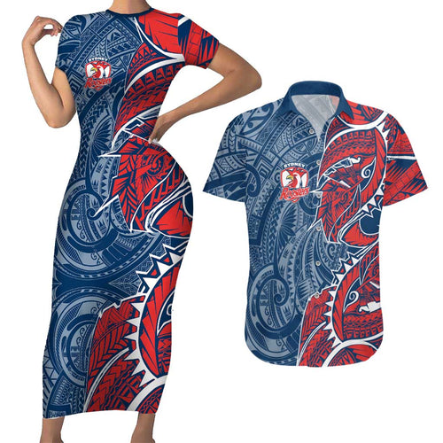 Sydney Roosters Couples Matching Short Sleeve Bodycon Dress and Hawaiian Shirt Polynesian Tribal Tattoo Pacific Sport Art