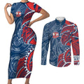 Sydney Roosters Couples Matching Short Sleeve Bodycon Dress and Long Sleeve Button Shirt Polynesian Tribal Tattoo Pacific Sport Art