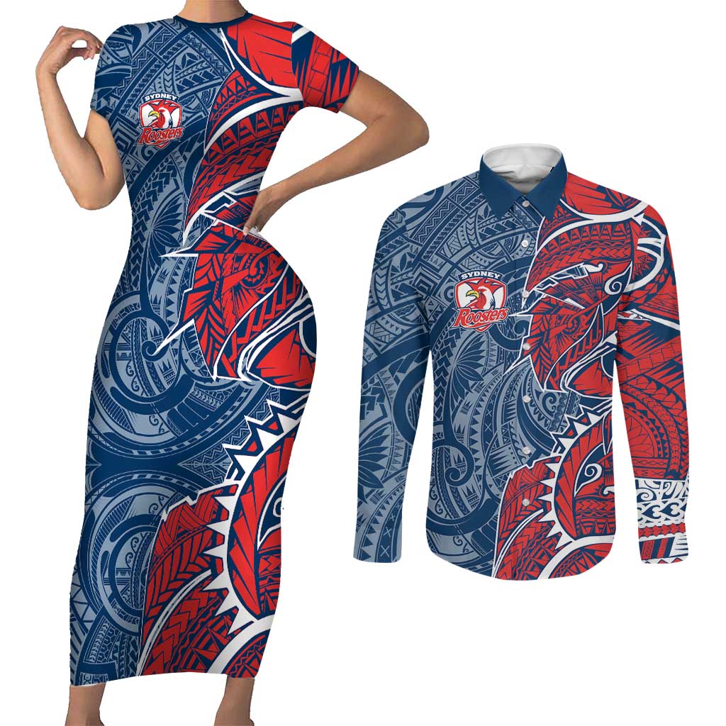 Sydney Roosters Couples Matching Short Sleeve Bodycon Dress and Long Sleeve Button Shirt Polynesian Tribal Tattoo Pacific Sport Art