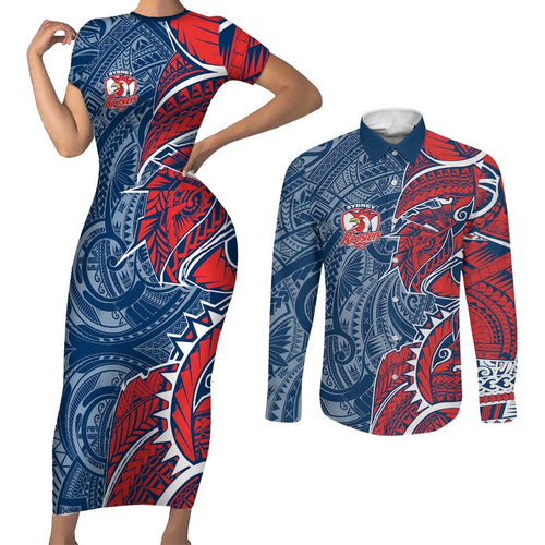 Sydney Roosters Couples Matching Short Sleeve Bodycon Dress and Long Sleeve Button Shirt Polynesian Tribal Tattoo Pacific Sport Art