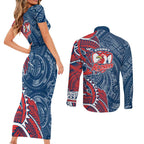 Sydney Roosters Couples Matching Short Sleeve Bodycon Dress and Long Sleeve Button Shirt Polynesian Tribal Tattoo Pacific Sport Art