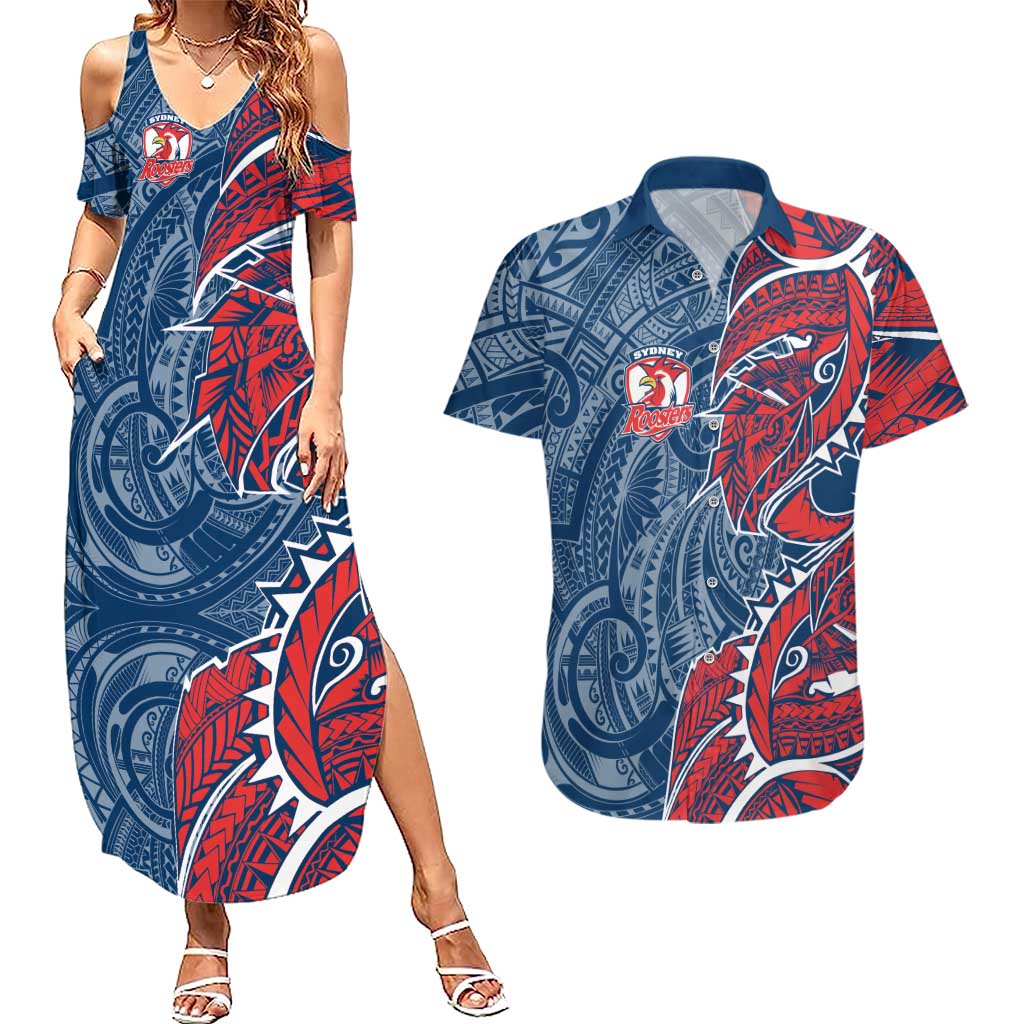Sydney Roosters Couples Matching Summer Maxi Dress and Hawaiian Shirt Polynesian Tribal Tattoo Pacific Sport Art
