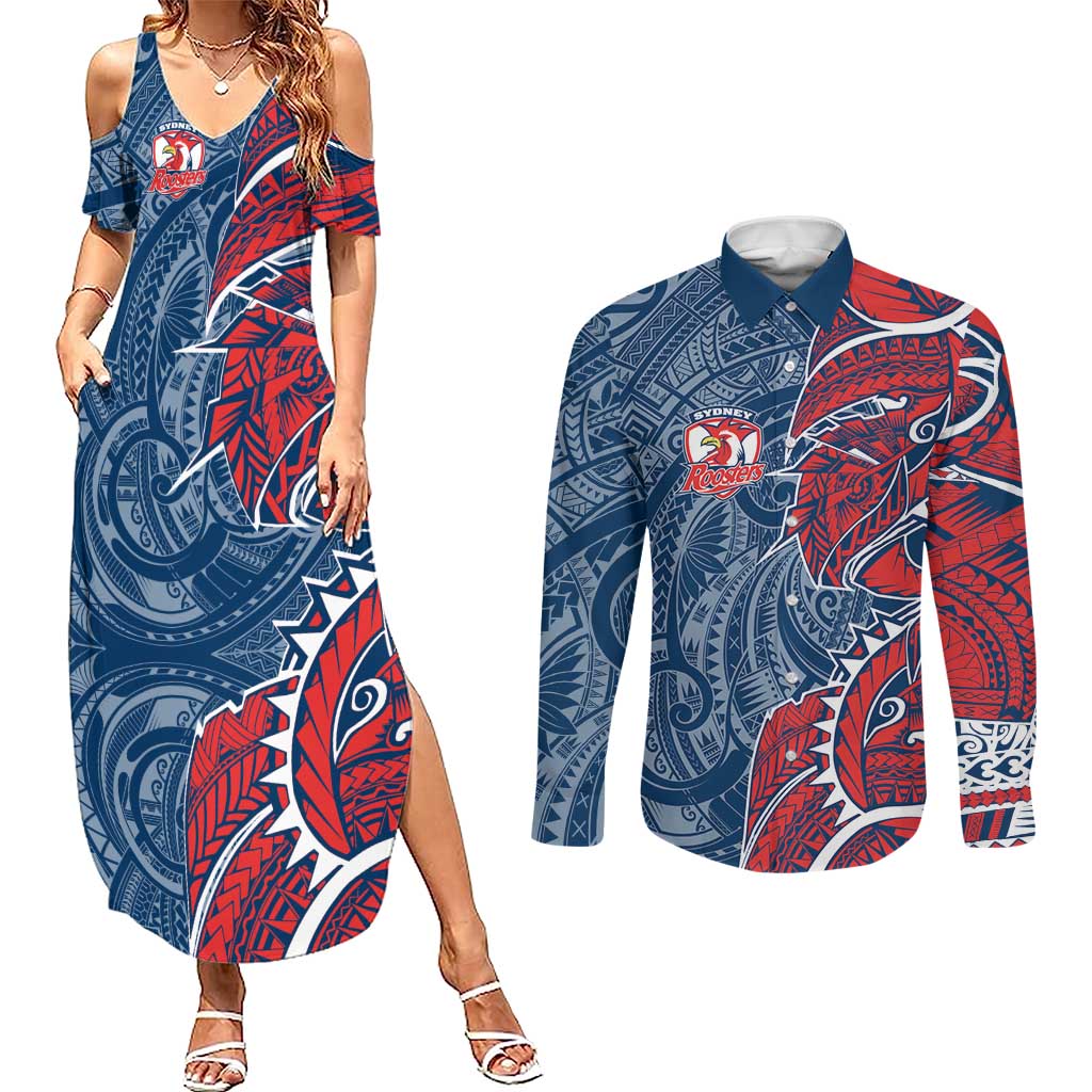 Sydney Roosters Couples Matching Summer Maxi Dress and Long Sleeve Button Shirt Polynesian Tribal Tattoo Pacific Sport Art
