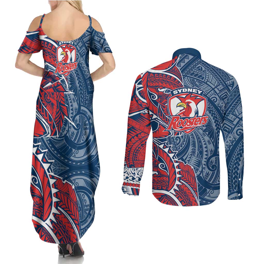 Sydney Roosters Couples Matching Summer Maxi Dress and Long Sleeve Button Shirt Polynesian Tribal Tattoo Pacific Sport Art