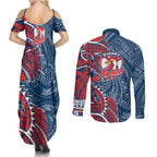 Sydney Roosters Couples Matching Summer Maxi Dress and Long Sleeve Button Shirt Polynesian Tribal Tattoo Pacific Sport Art