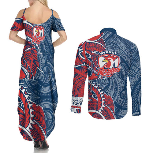 Sydney Roosters Couples Matching Summer Maxi Dress and Long Sleeve Button Shirt Polynesian Tribal Tattoo Pacific Sport Art
