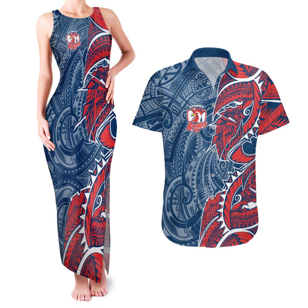 Sydney Roosters Couples Matching Tank Maxi Dress and Hawaiian Shirt Polynesian Tribal Tattoo Pacific Sport Art
