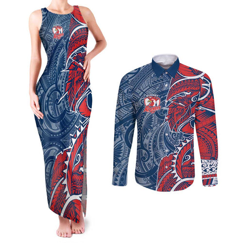 Sydney Roosters Couples Matching Tank Maxi Dress and Long Sleeve Button Shirt Polynesian Tribal Tattoo Pacific Sport Art