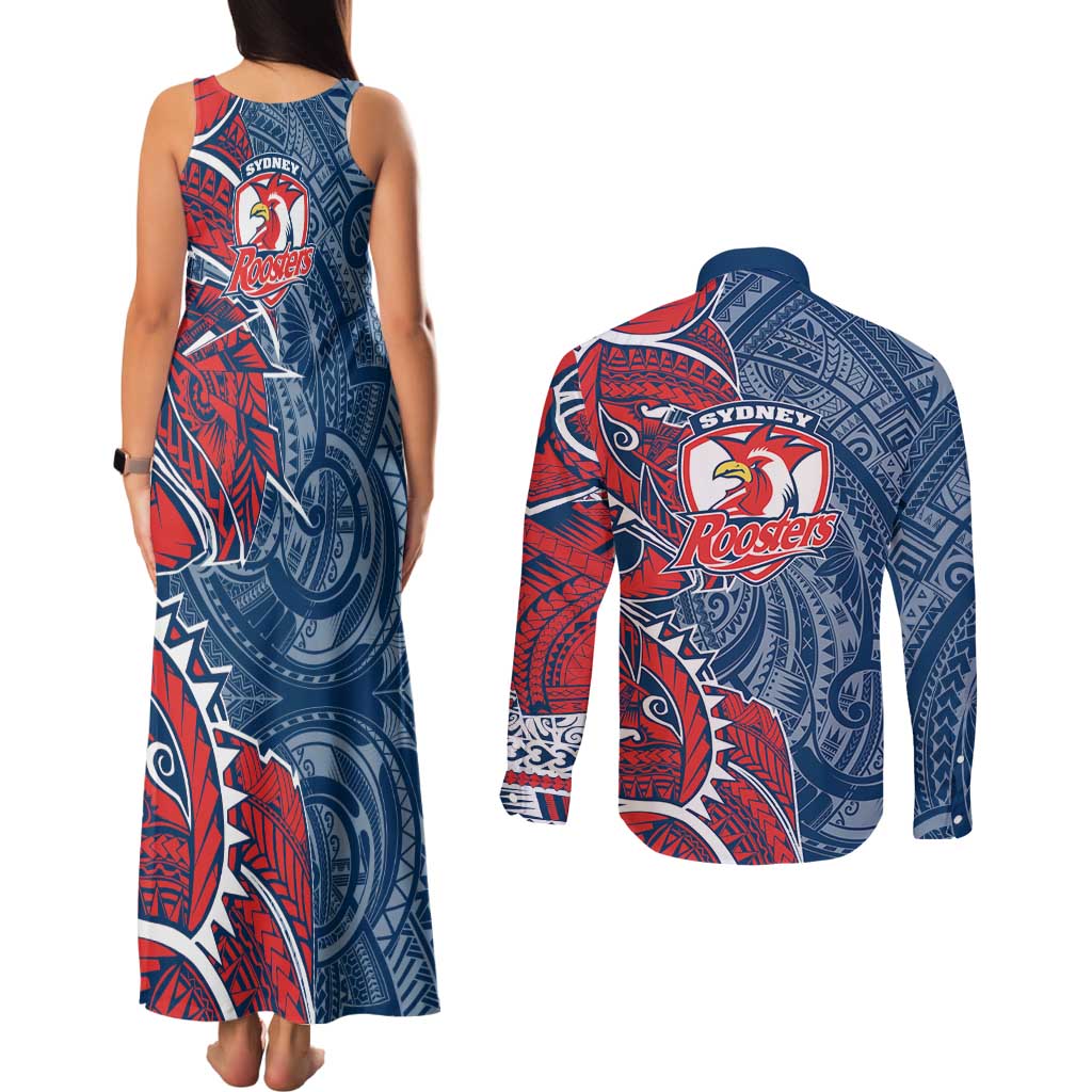Sydney Roosters Couples Matching Tank Maxi Dress and Long Sleeve Button Shirt Polynesian Tribal Tattoo Pacific Sport Art