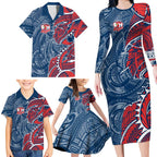 Sydney Roosters Family Matching Long Sleeve Bodycon Dress and Hawaiian Shirt Polynesian Tribal Tattoo Pacific Sport Art