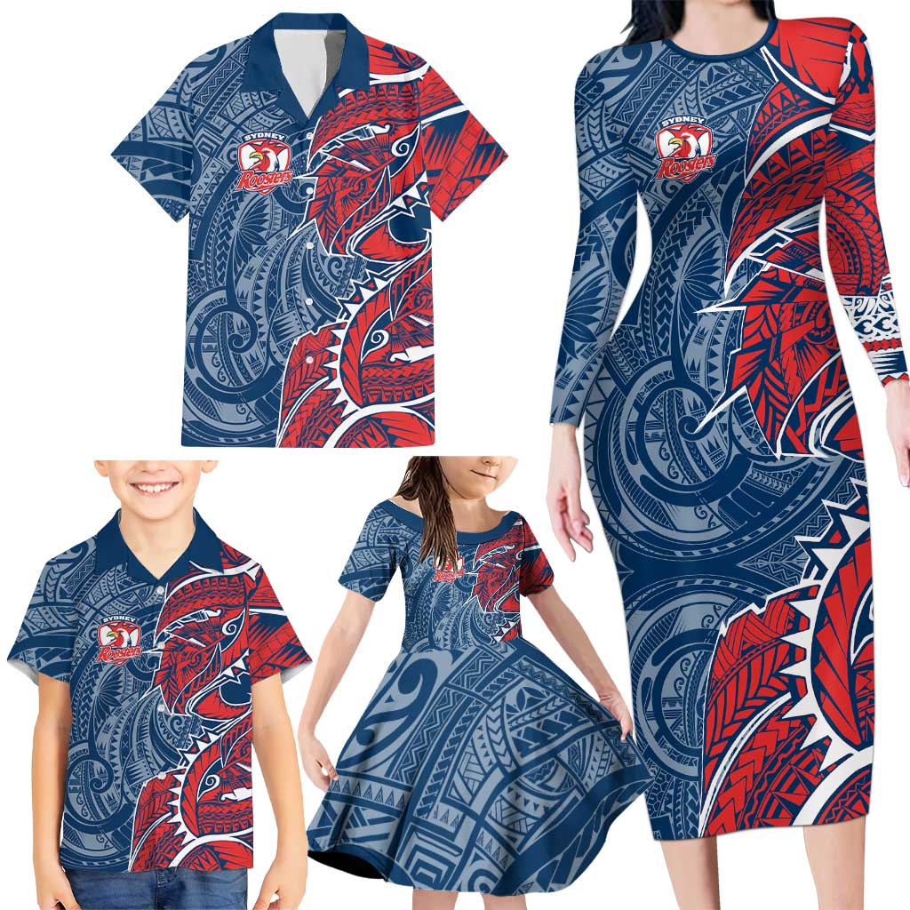Sydney Roosters Family Matching Long Sleeve Bodycon Dress and Hawaiian Shirt Polynesian Tribal Tattoo Pacific Sport Art