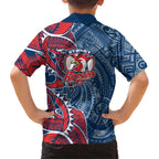 Sydney Roosters Family Matching Long Sleeve Bodycon Dress and Hawaiian Shirt Polynesian Tribal Tattoo Pacific Sport Art