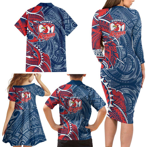 Sydney Roosters Family Matching Long Sleeve Bodycon Dress and Hawaiian Shirt Polynesian Tribal Tattoo Pacific Sport Art