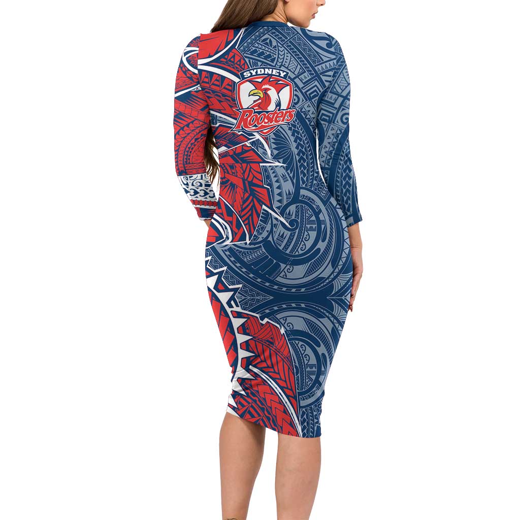 Sydney Roosters Family Matching Long Sleeve Bodycon Dress and Hawaiian Shirt Polynesian Tribal Tattoo Pacific Sport Art