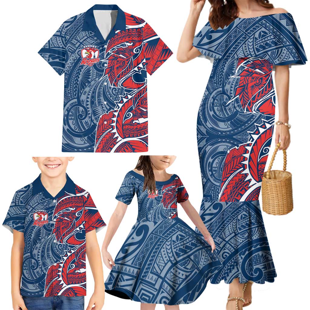 Sydney Roosters Family Matching Mermaid Dress and Hawaiian Shirt Polynesian Tribal Tattoo Pacific Sport Art