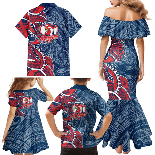 Sydney Roosters Family Matching Mermaid Dress and Hawaiian Shirt Polynesian Tribal Tattoo Pacific Sport Art