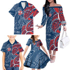 Sydney Roosters Family Matching Off The Shoulder Long Sleeve Dress and Hawaiian Shirt Polynesian Tribal Tattoo Pacific Sport Art