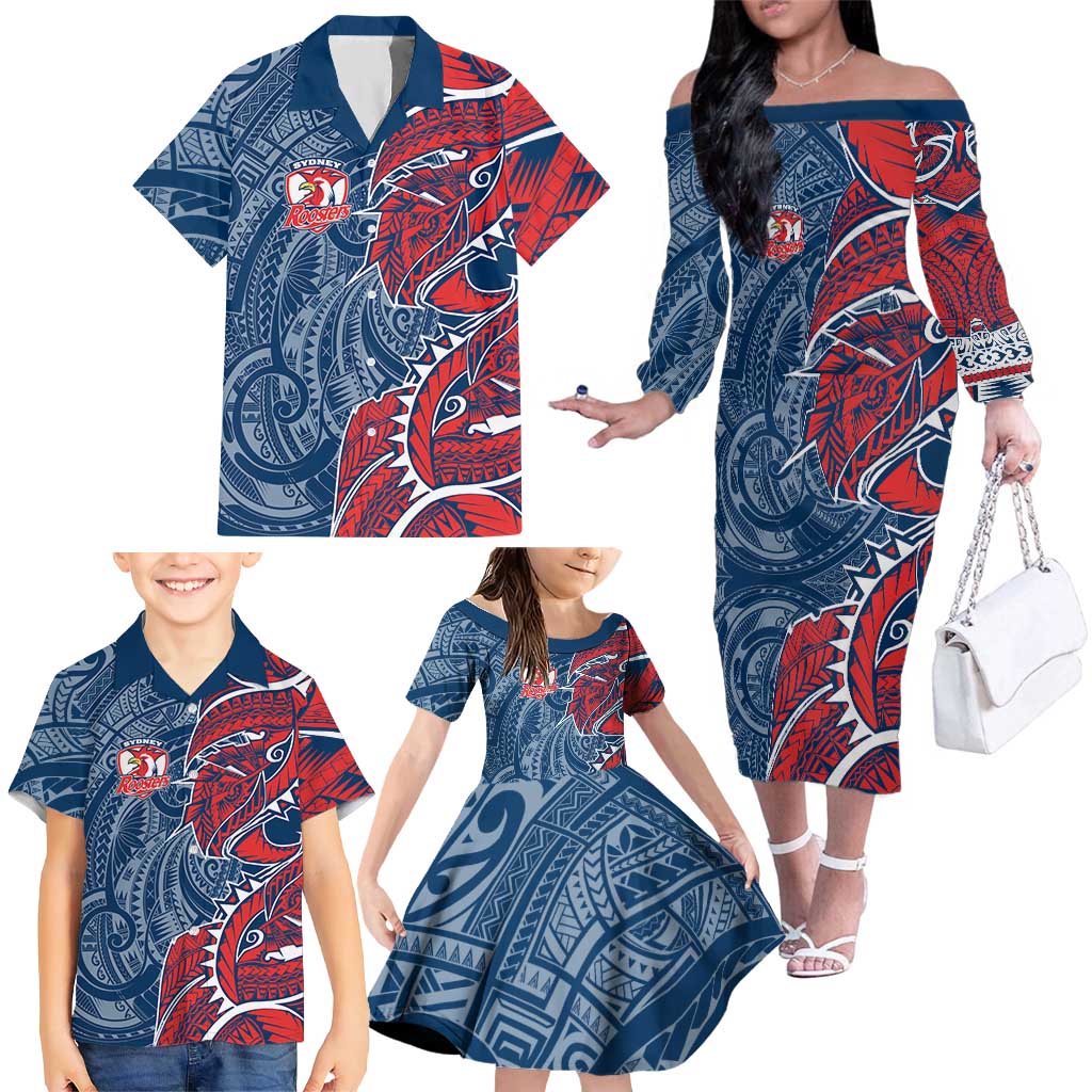 Sydney Roosters Family Matching Off The Shoulder Long Sleeve Dress and Hawaiian Shirt Polynesian Tribal Tattoo Pacific Sport Art