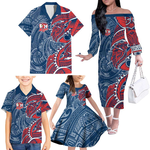 Sydney Roosters Family Matching Off The Shoulder Long Sleeve Dress and Hawaiian Shirt Polynesian Tribal Tattoo Pacific Sport Art