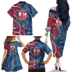 Sydney Roosters Family Matching Off The Shoulder Long Sleeve Dress and Hawaiian Shirt Polynesian Tribal Tattoo Pacific Sport Art