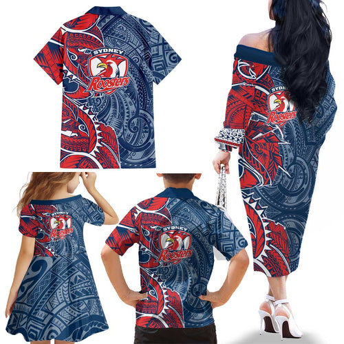 Sydney Roosters Family Matching Off The Shoulder Long Sleeve Dress and Hawaiian Shirt Polynesian Tribal Tattoo Pacific Sport Art
