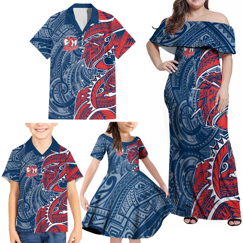 Sydney Roosters Family Matching Off Shoulder Maxi Dress and Hawaiian Shirt Polynesian Tribal Tattoo Pacific Sport Art