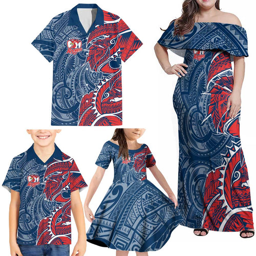Sydney Roosters Family Matching Off Shoulder Maxi Dress and Hawaiian Shirt Polynesian Tribal Tattoo Pacific Sport Art