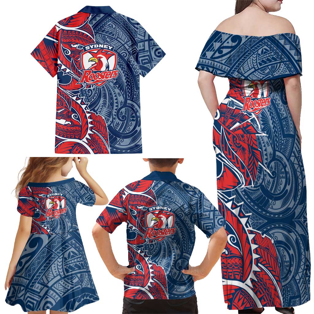 Sydney Roosters Family Matching Off Shoulder Maxi Dress and Hawaiian Shirt Polynesian Tribal Tattoo Pacific Sport Art