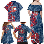 Sydney Roosters Family Matching Off Shoulder Maxi Dress and Hawaiian Shirt Polynesian Tribal Tattoo Pacific Sport Art
