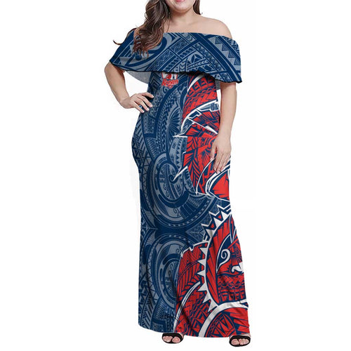Sydney Roosters Family Matching Off Shoulder Maxi Dress and Hawaiian Shirt Polynesian Tribal Tattoo Pacific Sport Art