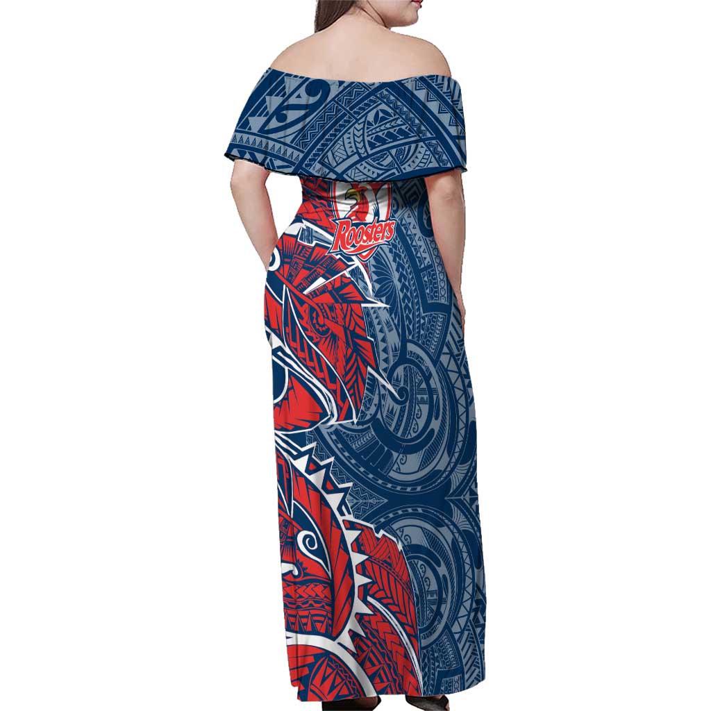 Sydney Roosters Family Matching Off Shoulder Maxi Dress and Hawaiian Shirt Polynesian Tribal Tattoo Pacific Sport Art