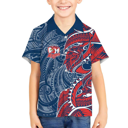 Sydney Roosters Family Matching Off Shoulder Maxi Dress and Hawaiian Shirt Polynesian Tribal Tattoo Pacific Sport Art