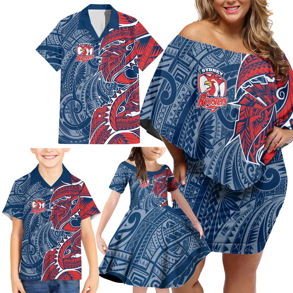 Sydney Roosters Family Matching Off Shoulder Short Dress and Hawaiian Shirt Polynesian Tribal Tattoo Pacific Sport Art