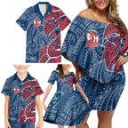 Sydney Roosters Family Matching Off Shoulder Short Dress and Hawaiian Shirt Polynesian Tribal Tattoo Pacific Sport Art