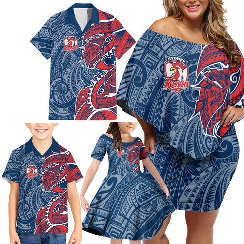 Sydney Roosters Family Matching Off Shoulder Short Dress and Hawaiian Shirt Polynesian Tribal Tattoo Pacific Sport Art