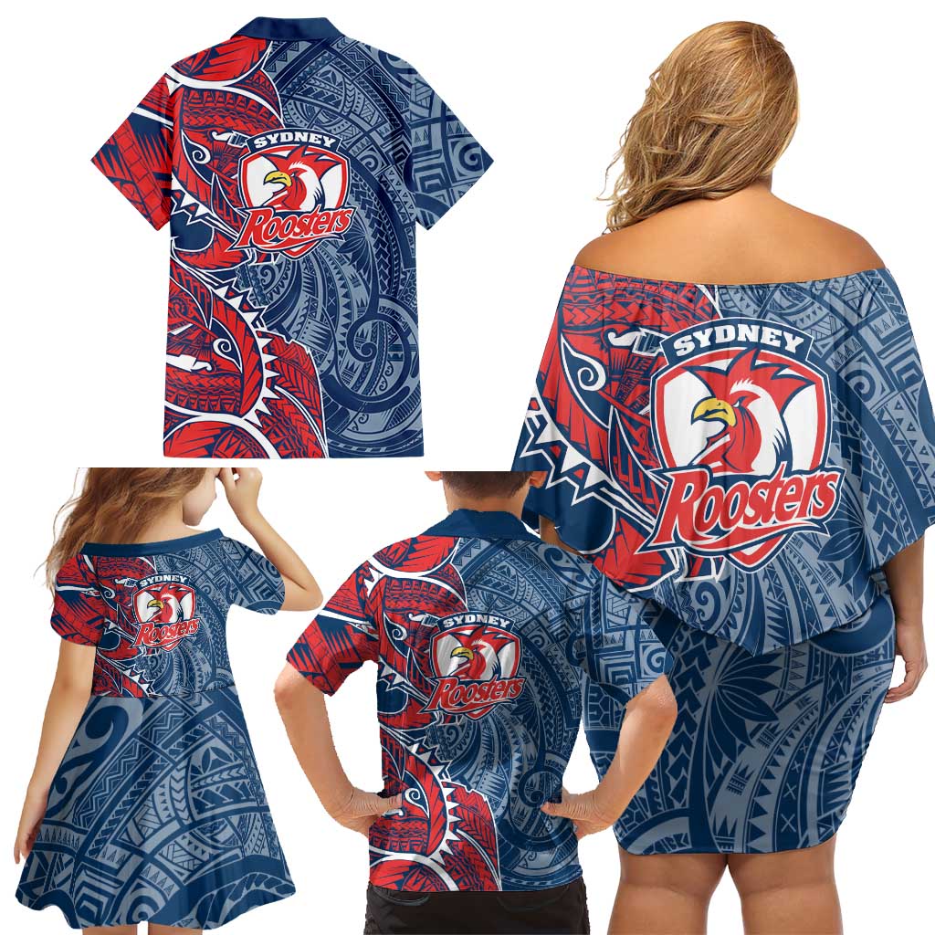 Sydney Roosters Family Matching Off Shoulder Short Dress and Hawaiian Shirt Polynesian Tribal Tattoo Pacific Sport Art