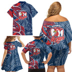 Sydney Roosters Family Matching Off Shoulder Short Dress and Hawaiian Shirt Polynesian Tribal Tattoo Pacific Sport Art