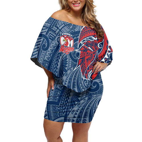 Sydney Roosters Family Matching Off Shoulder Short Dress and Hawaiian Shirt Polynesian Tribal Tattoo Pacific Sport Art