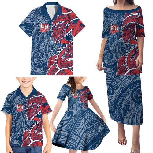 Sydney Roosters Family Matching Puletasi and Hawaiian Shirt Polynesian Tribal Tattoo Pacific Sport Art