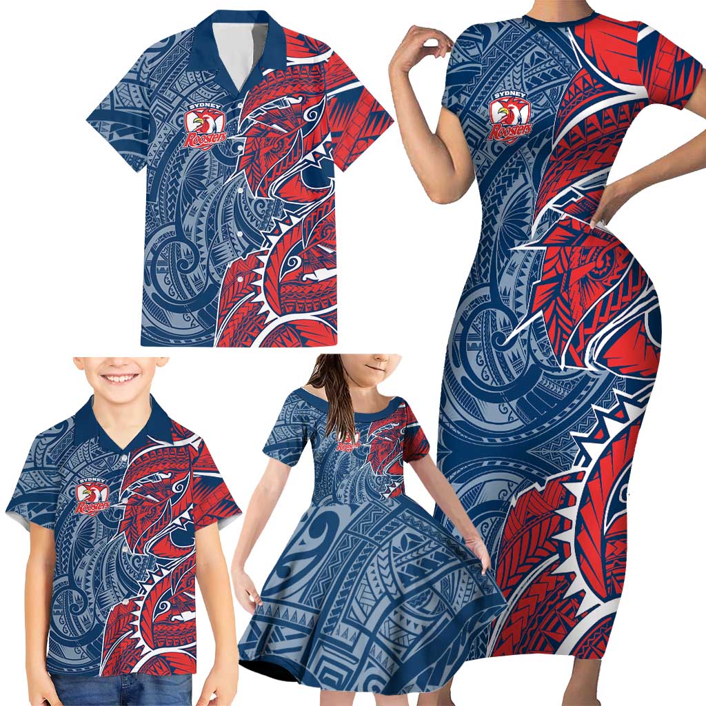 Sydney Roosters Family Matching Short Sleeve Bodycon Dress and Hawaiian Shirt Polynesian Tribal Tattoo Pacific Sport Art